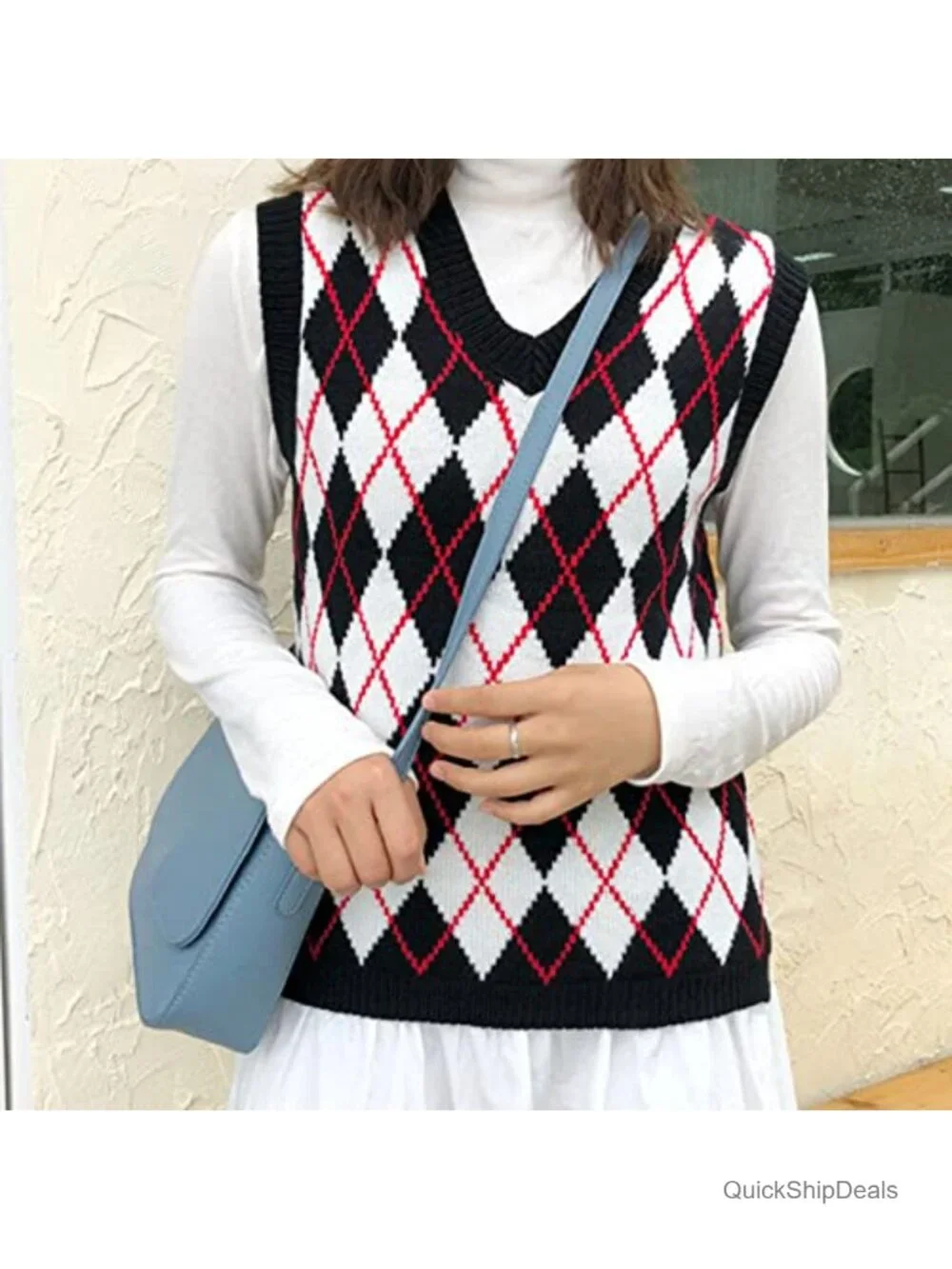 Sleeveless V Neck Argyle Plaid Knitted Sweater Vest Loose Preppy Casual
